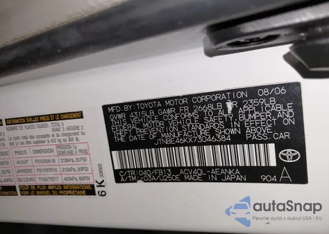 2007 Toyota Camry Le из США, поврежденный, VIN JTNBE46KX73046384